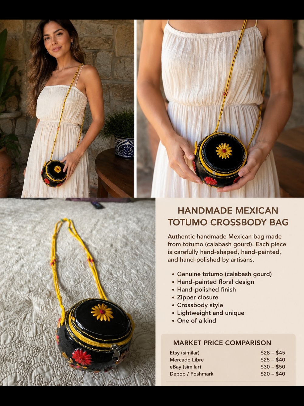 Handmade Mexican Totumo Crossbody Bag — Black with Yellow Floral Design